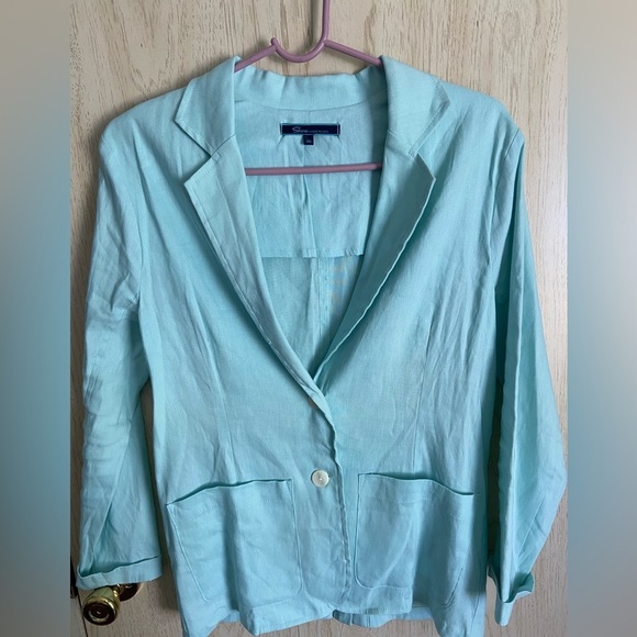 SHORE Brand Aqua Sea Glass Blue Linen Blend Blazer and Cropped Wide Leg Pants XS - Picture 2 of 13